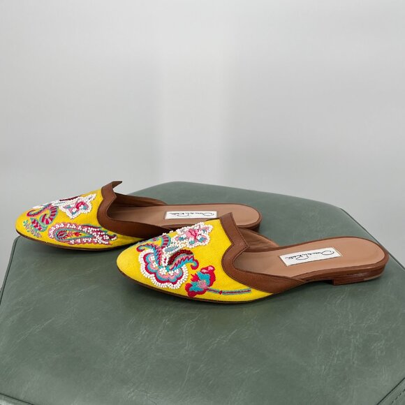 Vintage 1990s Oscar De La Renta Yellow Beaded Floral Pattern Leather Size 6.5 - Picture 4 of 7